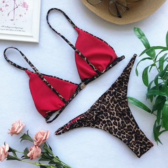 2024 Sexy Leopard & Red Women Brazilian Thong Bikini Set - Picture 2 of 4